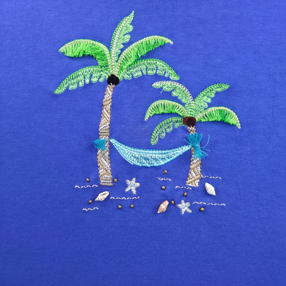 Alfred Dunner Women M Blue Cotton Blend Tropical Palm Tree Embroidered Tee Shirt